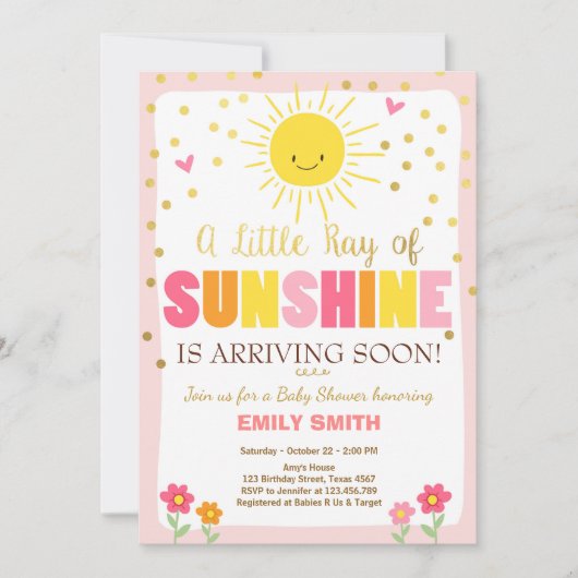 Een Ray Sunshine Baby shower nodigt roze meisje ui Kaart (Voorkant)