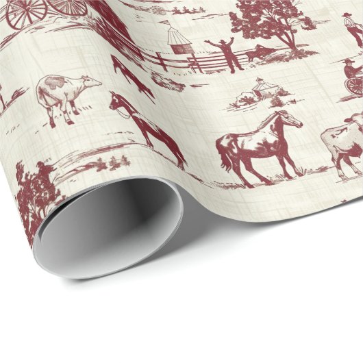 Een Red & Cream Toile Country Boerderij Animal Sce Cadeaupapier (Rol Hoek)