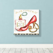 Een Red Shoe, een fles parfum en blush Powder Canvas Afdruk (Insitu (Houten vloer))