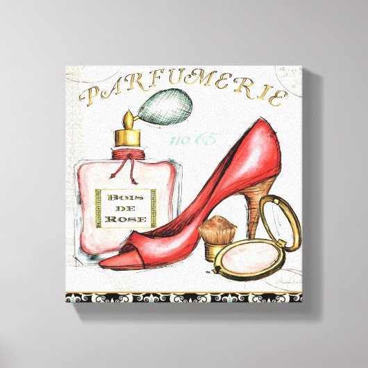 Een Red Shoe, een fles parfum en blush Powder Canvas Afdruk (Voorkant)