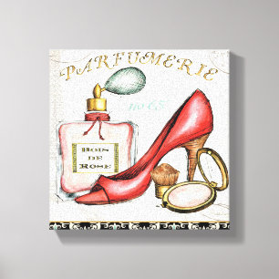 Een Red Shoe, een fles parfum en blush Powder Canvas Afdruk