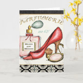 Een Red Shoe, een fles parfum en blush Powder Kaart (Gele Bloem)