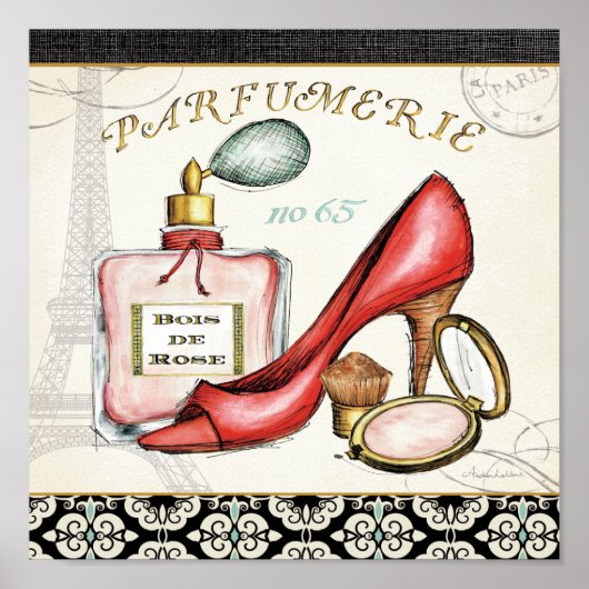 Een Red Shoe, een fles parfum en blush Powder Poster (Voorkant)