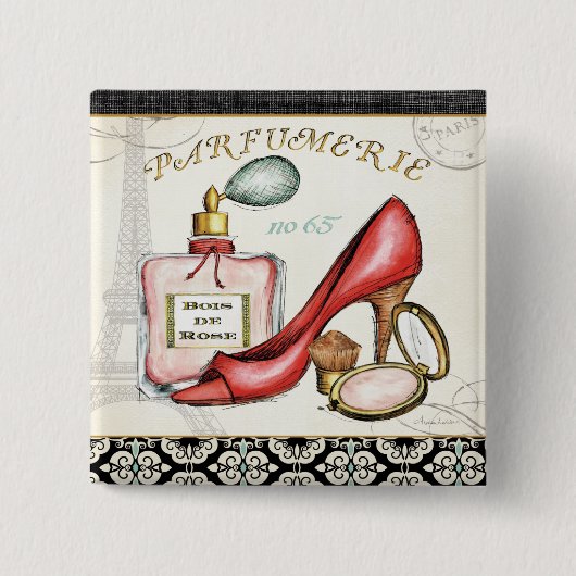 Een Red Shoe, een fles parfum en blush Powder Vierkante Button 5,1 Cm (Voorkant)