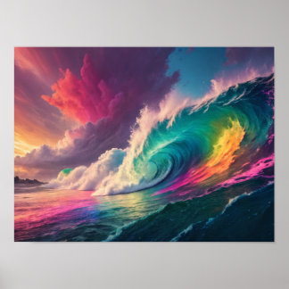 Een regenbooggolf: kleurrijke oceaan en lucht poster