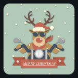 Een rendierzonnebril op motorfiets vierkante sticker<br><div class="desc">rudolf rudolf,  rocker lifestyle glimlach schattig,  leuke zonnebrillen tegen de vintage,  grappige hipster fiets biker,  neuscadeaus santa claus,  fietsenhertenrijkwaar,  rode wintermotorrender,  gelukkige motorfietsfeestdagen,  illustratie van de cartoon,  kerstcadeautje rudolf rudolf.</div>
