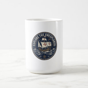 Een retro Columbus Day-embleem met een karveel-sch Koffiemok