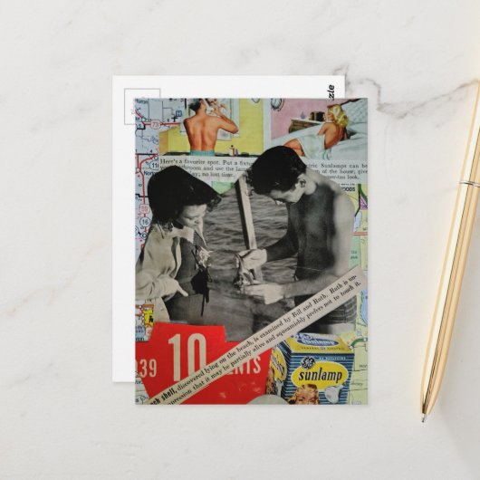 Een retro dag aan het strand collage briefkaart (Voorkant / Achterkant in situ)