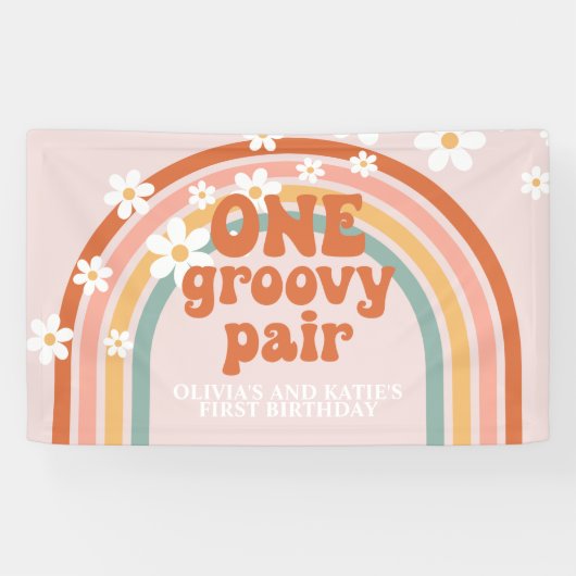 Eén Retro Regenboog Paar twin Verjaardag Spandoek (Horizontaal)
