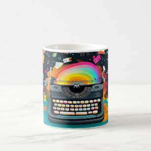 Een retro-stijl schrijfmachine in het midden, met koffiemok