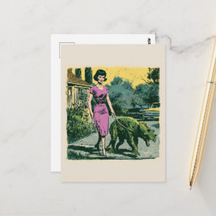 Een retro vrouw loopt met haar huisdier kleine gro briefkaart