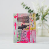 Een Retroboot Mixed Media Collage Roze Geel Briefkaart (Staand voorkant)