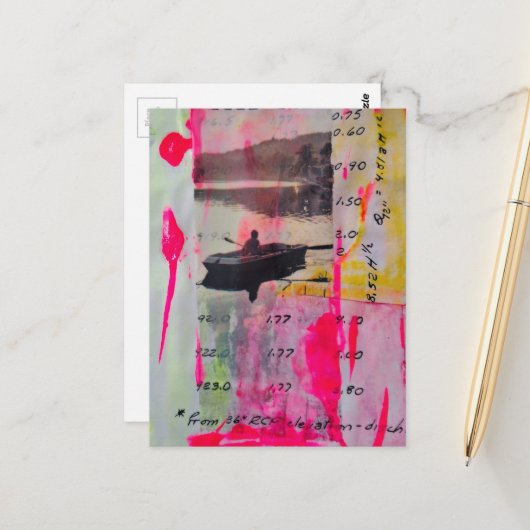 Een Retroboot Mixed Media Collage Roze Geel Briefkaart (Voorkant / Achterkant in situ)