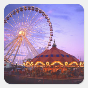 Een reuzenrad en draaimolen bij de Navy Pier in Vierkante Sticker
