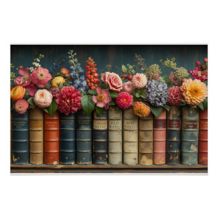 Een rij boeken en bloemen perfect poster