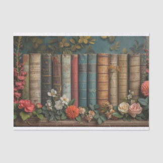 Een rij boeken met bloemen tissuepapier