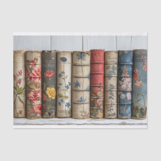 Een rij boeken met geschilderde bloemen tissuepapier (Voorkant)