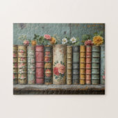 Een rij oude boeken met verfraaide bloemen legpuzzel (Horizontaal)