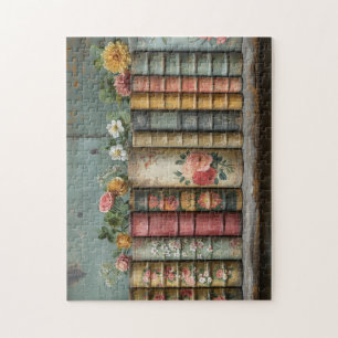 Een rij oude boeken met verfraaide bloemen legpuzzel