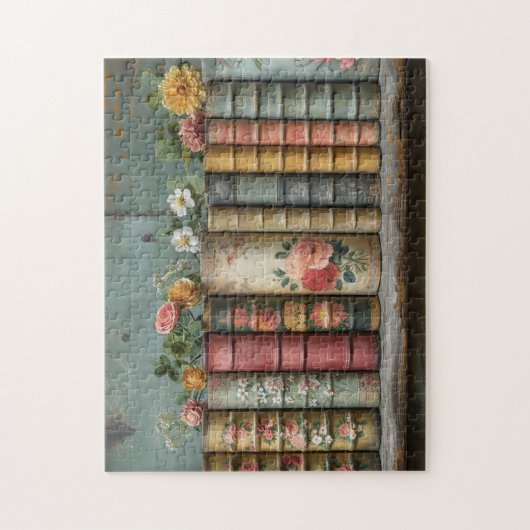 Een rij oude boeken met verfraaide bloemen legpuzzel (Verticaal)