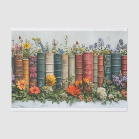 Een rij oude boeken met verfraaide bloemen tissuepapier (Voorkant)
