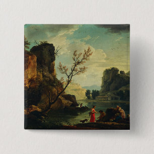 Een rivier met vissers door Joseph Vernet  Vierkante Button 5,1 Cm
