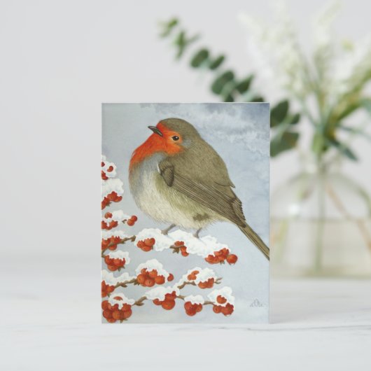 Een Robin en bessen in de sneeuw Briefkaart (Staand voorkant)