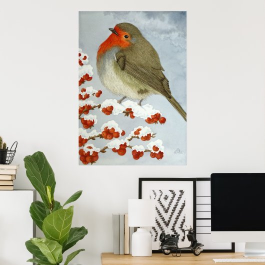 Een Robin en bessen in de sneeuw Poster (Thuiskantoor)
