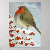Een Robin en bessen in de sneeuw Poster (Voorkant)