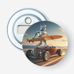 Een robot, een surfboard en een oldtimer button flesopener