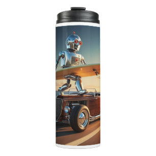 Een robot, een surfboard en een oldtimer thermosbeker
