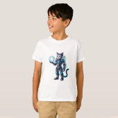 Een robotkat met futuristisch pantser, t-shirt (Voorkant volledig)