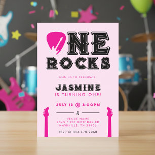 Eén Rocks Gitaarplectrumm Roze 1e Verjaardagsfeest Kaart