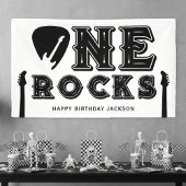 Eén Rocks Gitaarplectrums 1e Verjaardagsfeest Wit Spandoek