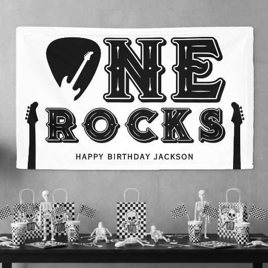 Eén Rocks Gitaarplectrums 1e Verjaardagsfeest Wit Spandoek