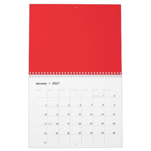 Een rode achtergrond met een witte rand kalender (Jan 2027)