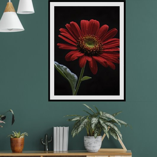 Een rode daisy linkerkant op zwart, poster (Woonkamer 1)