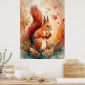 Een rode eekhoorn eet een noot poster (Keuken)