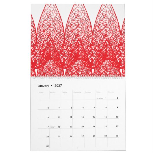 Een rode en witte achtergrond met veel stippen kalender (Jan 2027)