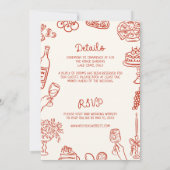 Een rode geïllustreerde bruiloft kaart (Achterkant)