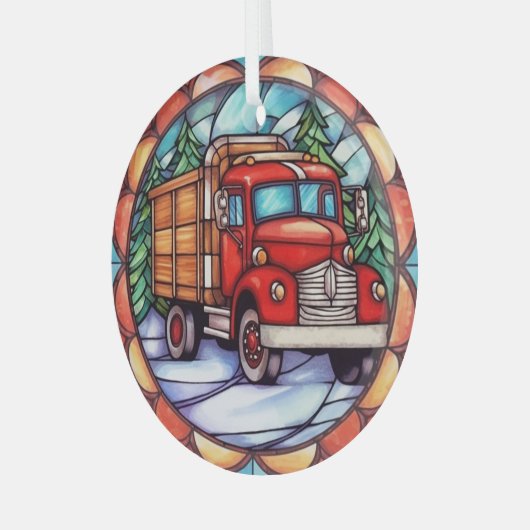 Een rode kerstwagen Glas in lood Glas Ornament (Voorkant links)