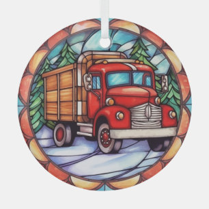 Een rode kerstwagen Glas in lood Ornament