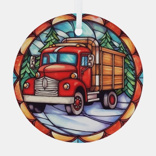 Een rode kerstwagen Glas in lood Ornament (Achterkant)