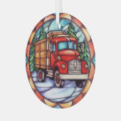 Een rode kerstwagen Glas in lood Ornament (Voorkant links)