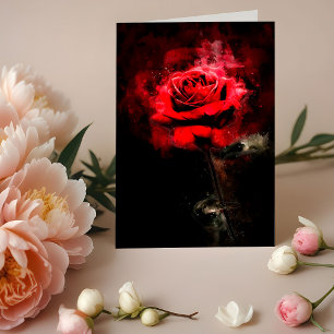 Eén rode roos aquarel op zwarte achtergrond bedankkaart