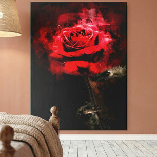 Eén rode roos aquarel op zwarte achtergrond canvas afdruk