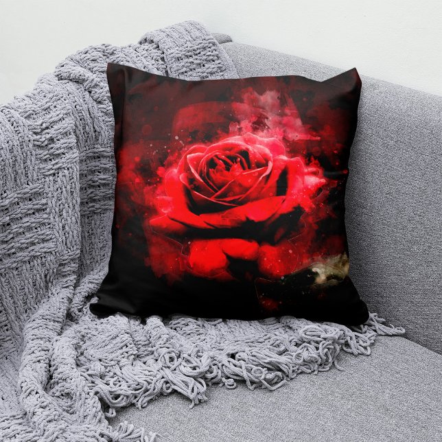 Eén rode roos aquarel op zwarte achtergrond kussen (One Red Rose Watercolor on Black Background. Throw Pillow)