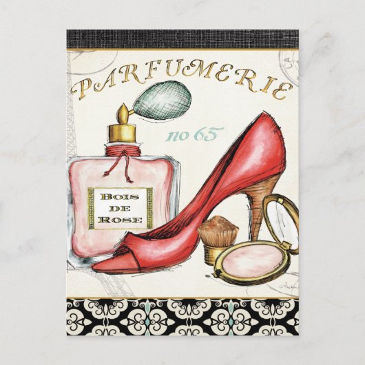 Een rode Schoen, een Fles Parfum, en bloost Poeder Briefkaart (Voorkant)