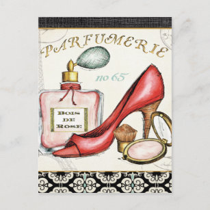 Een rode Schoen, een Fles Parfum, en bloost Poeder Briefkaart