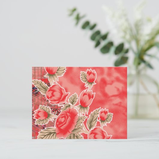 Een rode sjaal met bloemen erop briefkaart (Staand voorkant)